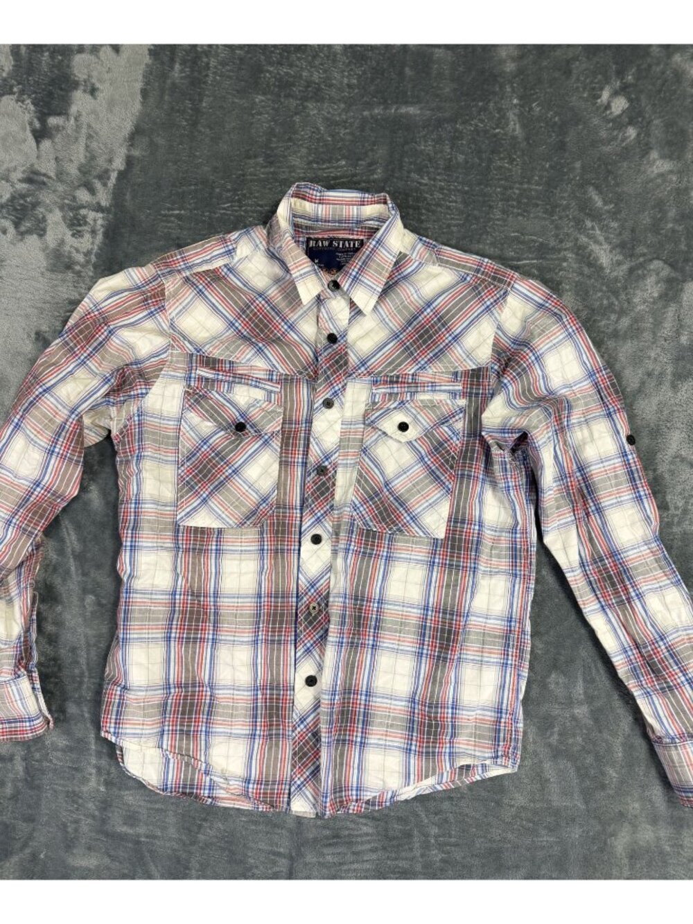 Raw State Mens Red Blue & White Plaid Button-Up Long Sleeve Shirt M